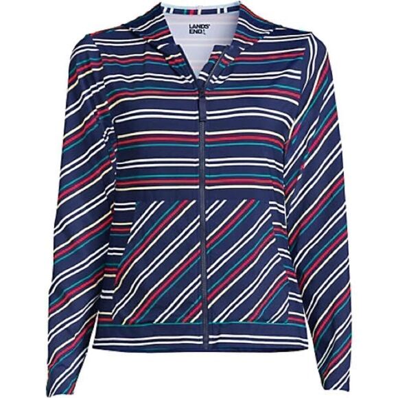 Land’s End plus size full zip hooded coverup navy multi Harbor stripe large - Picture 1 of 5